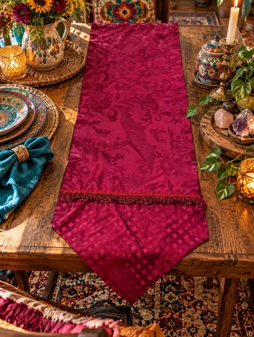 4/$15 Burgundy Damask Table Runner | Boho Maximalist Grandmacore Baroque Vintage